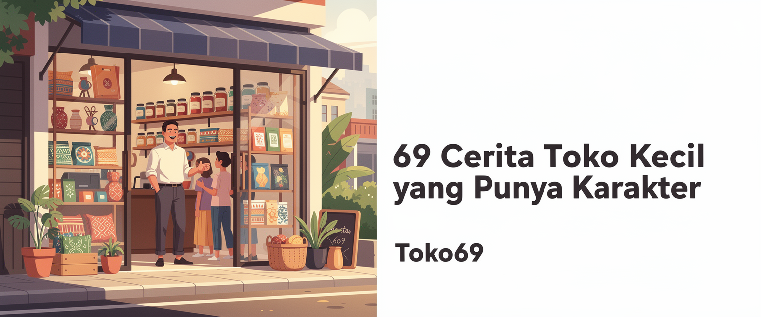 Ilustrasi 69 cerita toko kecil yang punya karakter untuk Toko69 dengan tema 69 cerita toko kecil, produk lokal, etalase kreatif, dan profil pemilik usaha.