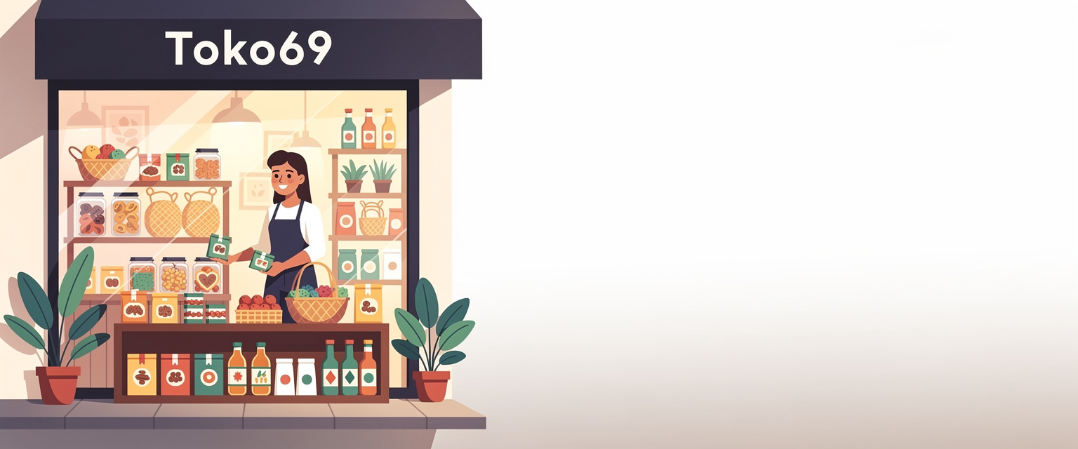 Ilustrasi etalase kreatif untuk produk lokal untuk Toko69 dengan tema 69 cerita toko kecil, produk lokal, etalase kreatif, dan profil pemilik usaha.